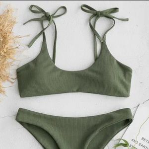 Zaful Tie Shoulders Ribbed Bikini in Camouflage Green